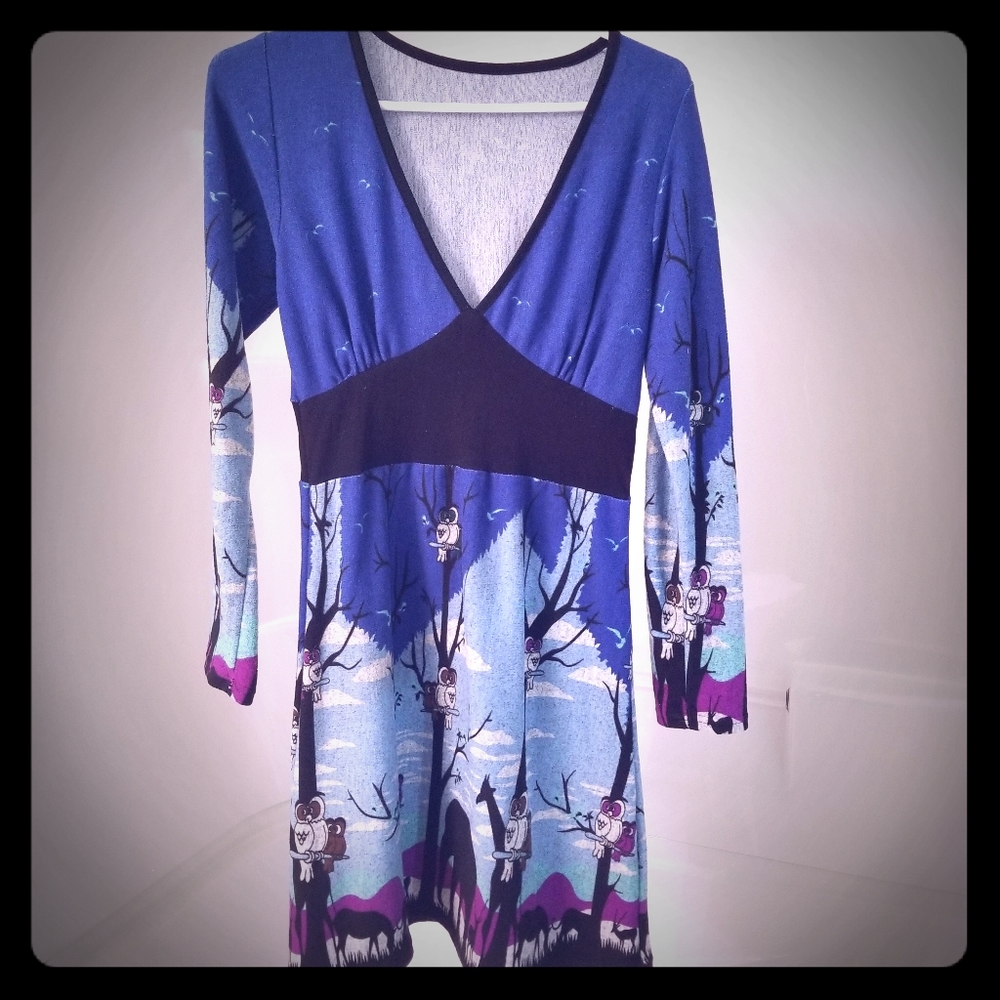 (M) Empire Waist Owl Print Sweater Dress / Long Top V Neck Yoga Comfy Soft